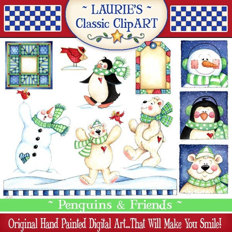 May include: A digital clipart set featuring penguins, polar bears, and snowmen. The illustrations are hand-painted in a whimsical style with bright colors and cheerful expressions. The set includes a variety of poses and expressions, making it perfect for creating festive winter-themed projects.