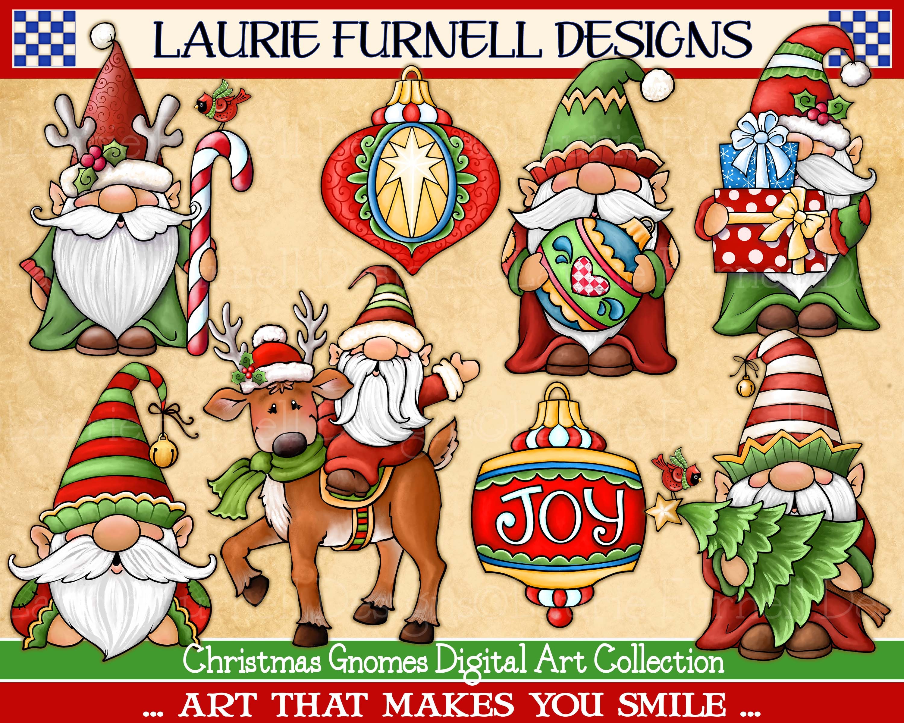 Christmas Gnome Clip Art, Holiday Graphics, Christmas Ornament PNG, Cute Gnome PNG, Santa Reindeer Clip Art, Laurie Furnell, Digital Paper