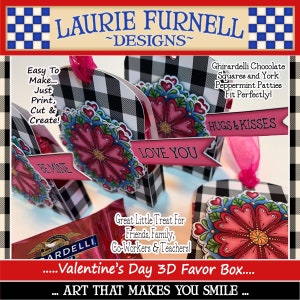 May include: Valentine's Day favor boxes with a black and white checkered pattern. The boxes are decorated with colorful flowers and hearts. The boxes are labeled with the phrases "Love You", "Hugs & Kisses", and "Be Mine". The text "Valentine's Day 3D Favor Box" and "Art That Makes You Smile" are also included in the image.
