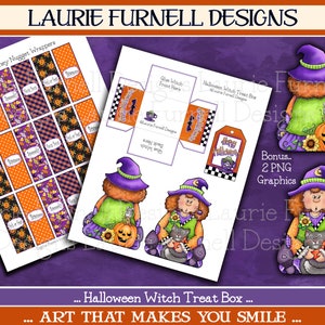 May include: Printable Halloween witch treat box craft with a witch holding a black cat and a pumpkin. The printable includes a tag that says "Happy Halloween" and Hershey's nugget wrappers.