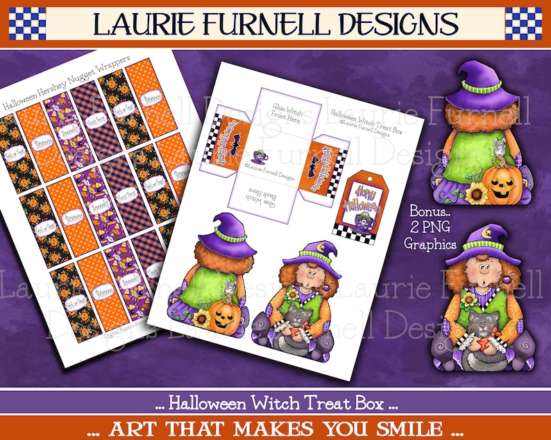 May include: Printable Halloween witch treat box craft with a witch holding a black cat and a pumpkin. The printable includes a tag that says "Happy Halloween" and Hershey's nugget wrappers.
