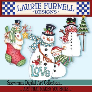May include: A digital art collection of four snowmen with wintery designs. The snowmen are wearing scarves, hats, and holding a star, a stick, and a heart. The word "Love" is written in blue and white letters at the bottom of the image. The text "Snowmen Digital Art Collection... ART THAT MAKES YOU SMILE" is at the bottom of the image.