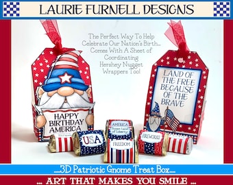 July 4th Treat Box, Patriotic Treat Box, Gnome Treat Box, July 4th Gnome, Laurie Furnell, July 4th Printable, Gnome Printable, Kids Crafts