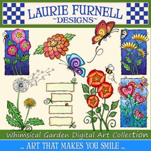 May include: Whimsical Garden Digital Art Collection, a set of colorful illustrations featuring flowers, butterflies, and other garden elements. The illustrations are in a cartoon style and are perfect for adding a touch of whimsy to any project.