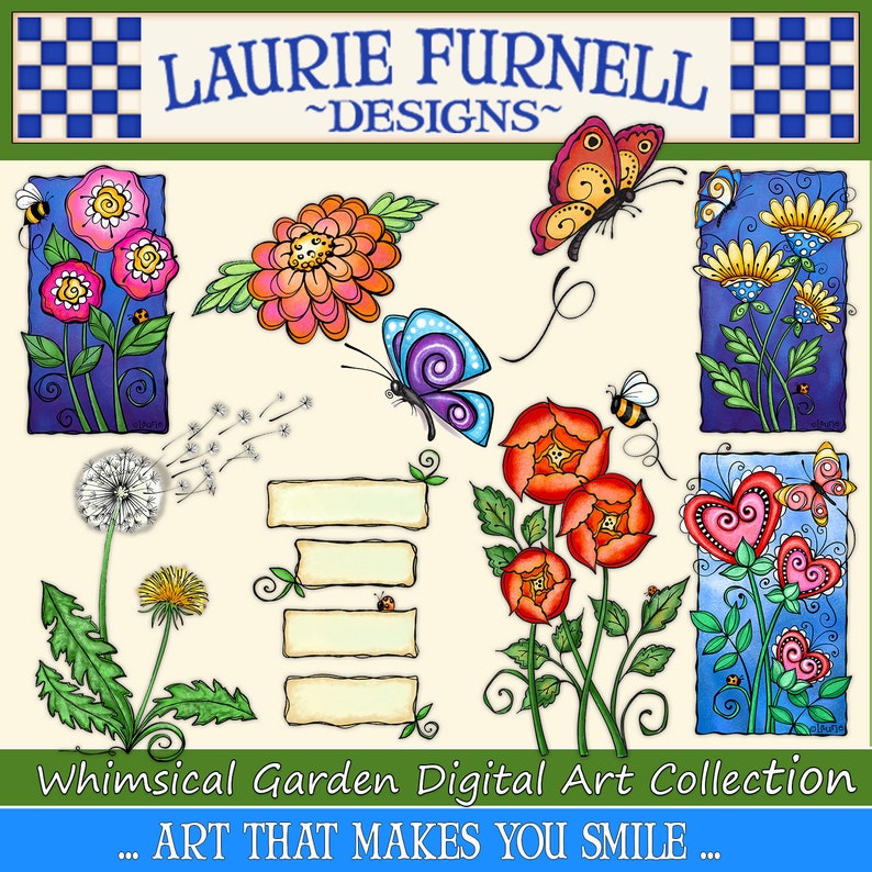 May include: Whimsical Garden Digital Art Collection, a set of colorful illustrations featuring flowers, butterflies, and other garden elements. The illustrations are in a cartoon style and are perfect for adding a touch of whimsy to any project.