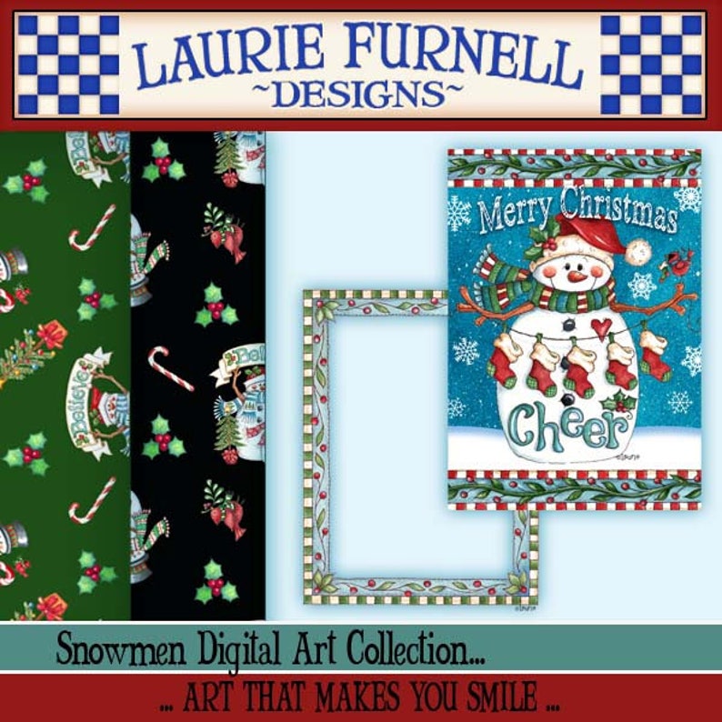 May include: A digital art collection featuring a snowman with a red hat and scarf, holding red and white stockings. The snowman is on a blue background with snowflakes and the text "Merry Christmas Cheer". The collection also includes three different patterns featuring snowmen, candy canes, and holly.