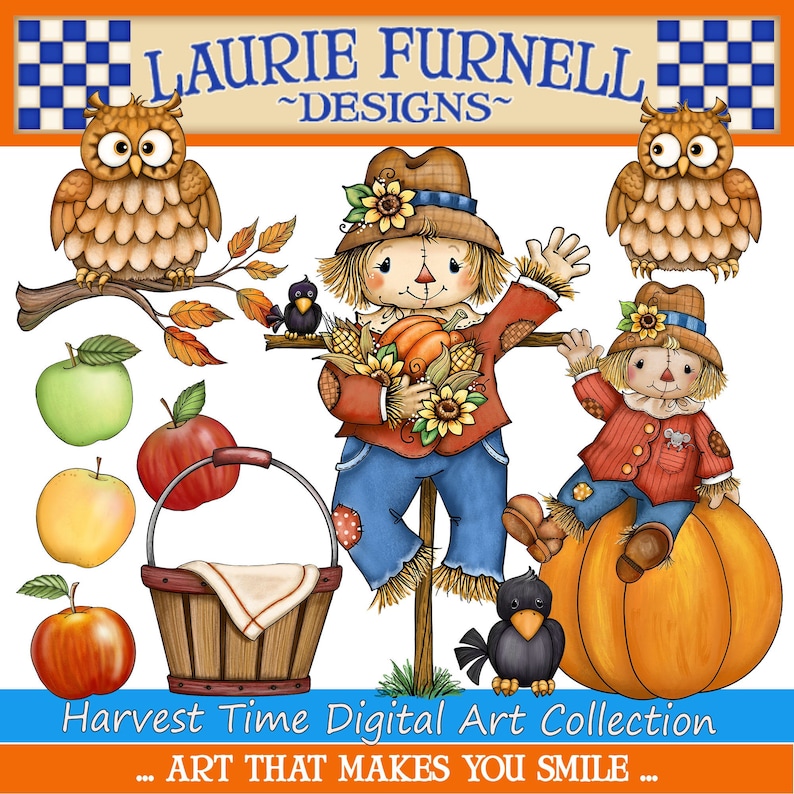 Puede incluir: Una colecci&oacute;n de arte digital que presenta un espantap&aacute;jaros sosteniendo una calabaza, un peque&ntilde;o espantap&aacute;jaros sentado en una calabaza, dos b&uacute;hos, una cesta, manzanas y cuervos. El texto "Harvest Time Digital Art Collection... ART THAT MAKES YOU SMILE..." est&aacute; en la parte inferior de la imagen.