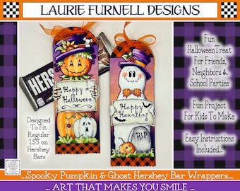 Halloween Hershey Bar Wrapper, Ghost Candy Bar Wrapper, Pumpkin Candy Bar Wrapper Halloween Paper Craft, Laurie Furnell, School Party Favor