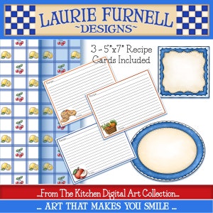 May include: Three printable recipe cards with blue and white checkered borders. Each card features a different illustration: donuts, a basket of fruit, and an apple. The cards are 5 inches by 7 inches.