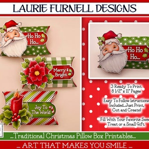 Christmas Treat Box Printable, Santa Pillow Treat Box, Holiday Party Favor Box, Poinsettia Treat Box, Christmas Paper Craft, Laurie Furnell
