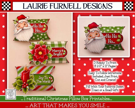 Christmas Treat Box Printable, Santa Pillow Treat Box, Holiday Party Favor Box, Poinsettia Treat Box, Christmas Paper Craft, Laurie Furnell