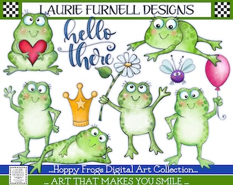 Cute Frog Clip Art, Birthday Frog PNG, Card Making Supply, Hoppy Birthday Frogs, Frogs For T-Shirts, Laurie Furnell, Art For Bulletin Board