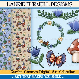 May include: A digital art collection featuring garden gnomes, butterflies, mushrooms, flowers, and a wreath. The collection includes two seamless patterns with gnomes, butterflies, snails, and flowers. The text "Garden Gnomes Digital Art Collection - ART THAT MAKES YOU SMILE" is at the bottom of the image.