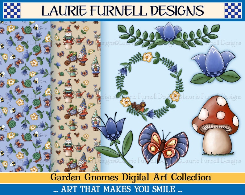May include: A digital art collection featuring garden gnomes, butterflies, mushrooms, flowers, and a wreath. The collection includes two seamless patterns with gnomes, butterflies, snails, and flowers. The text "Garden Gnomes Digital Art Collection - ART THAT MAKES YOU SMILE" is at the bottom of the image.