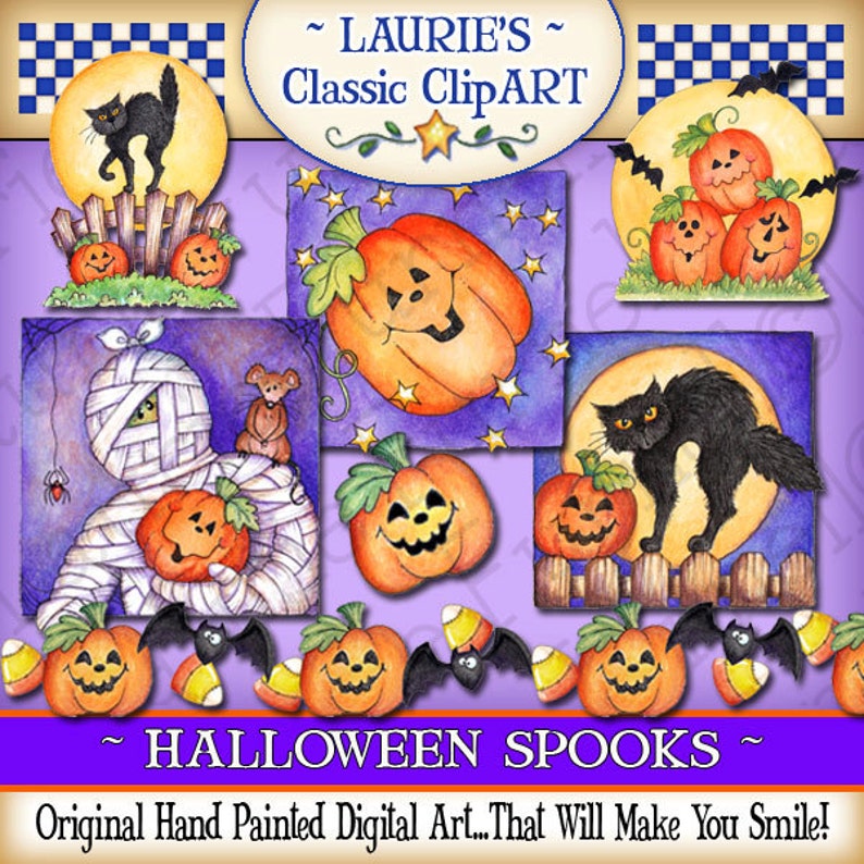 K&ouml;nnte beinhalten: Ein Satz digitaler Clipart-Bilder mit Halloween-Motiven. Die Bilder zeigen K&uuml;rbisse, eine Mumie, eine schwarze Katze, Flederm&auml;use und Mais-S&uuml;&szlig;igkeiten. Die Bilder sind handgemalt und haben einen verspielten Stil.