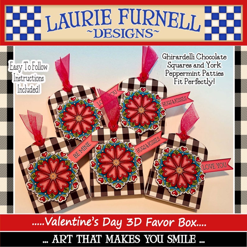 May include: Valentine's Day favor boxes with black and white checkered patterns and red heart designs. The boxes have different sayings on them, including "Love You", "Hugs & Kisses", and "Be Mine".