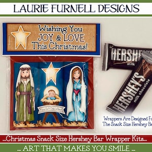 May include: Christmas-themed printable wrapper for a snack-sized Hershey's chocolate bar. The wrapper features a nativity scene with Mary, Joseph, and baby Jesus, along with a star. The text "Wishing You JOY & LOVE This Christmas!" is printed on a separate tag.