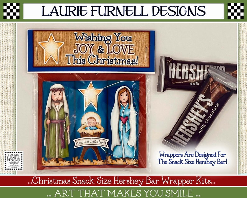 May include: Christmas-themed printable wrapper for a snack-sized Hershey's chocolate bar. The wrapper features a nativity scene with Mary, Joseph, and baby Jesus, along with a star. The text "Wishing You JOY & LOVE This Christmas!" is printed on a separate tag.