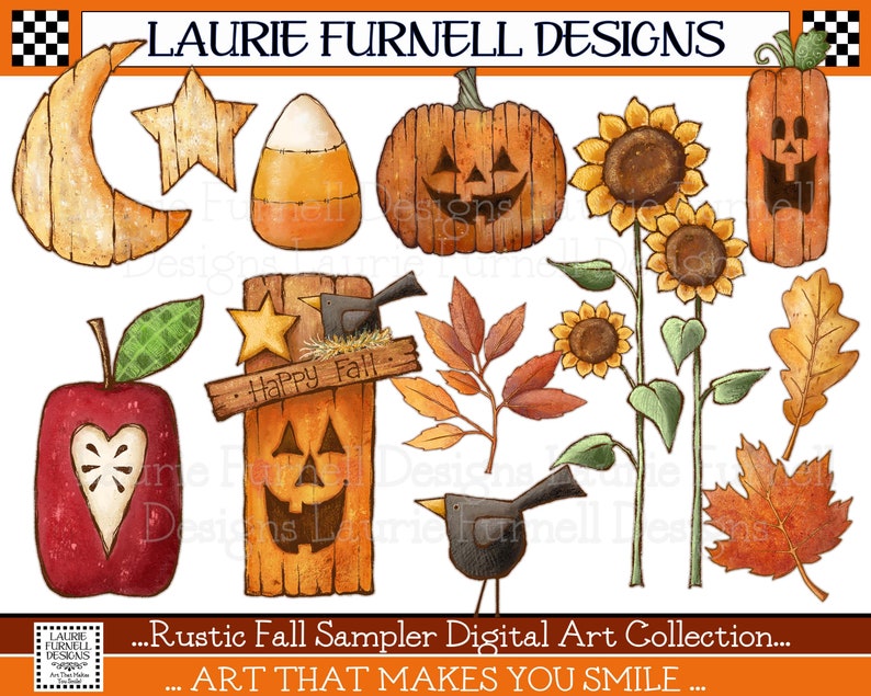 Pu&ograve; includere: Una collezione di arte digitale con illustrazioni a tema autunnale, tra cui una zucca, girasoli, una luna crescente, una stella, un mais dolce, una mela, un uccello e foglie. Le illustrazioni sono in stile rustico con una texture in legno.
