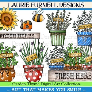 Pu&ograve; includere: Immagini digitali di clipart di erbe fresche in vasi con etichette. Le erbe includono basilico, erba cipollina, rosmarino e timo. L'immagine include anche un girasole, un'ape e una coccinella.