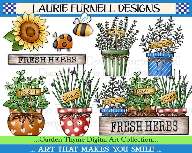 Pu&ograve; includere: Immagini digitali di clipart di erbe fresche in vasi con etichette. Le erbe includono basilico, erba cipollina, rosmarino e timo. L'immagine include anche un girasole, un'ape e una coccinella.