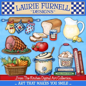May include: A digital art collection of kitchen-themed illustrations, including a loaf of bread, a jar of jam, a pitcher of lemonade, a ham, a basket of vegetables, a pot, a bowl of eggs, and a stack of cookbooks. The text "HOME COOKING", "Papa's Breads & Muffins", "Grammy's Cookies", "Family Dinners & More", "EGGS", and "...From The Kitchen Digital Art Collection... ART THAT MAKES YOU SMILE..." is included in the image.