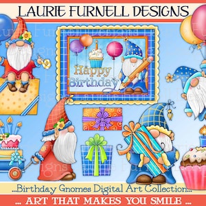 Clipart de gnomo de aniversário, clipart de gnomo de aniversário PNG, clipart de festa de aniversário, gnomos para cartões, clipart de balão, clipart de bolo de copo, Laurie Furnell