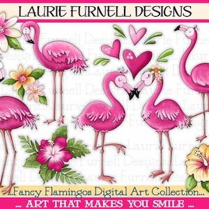 Image clipart flamant rose, clipart tropical, PNG flamant rose, clipart flamant rose pour créations artisanales en papier, graphique flamant rose, Laurie Furnell, art fleur tropicale