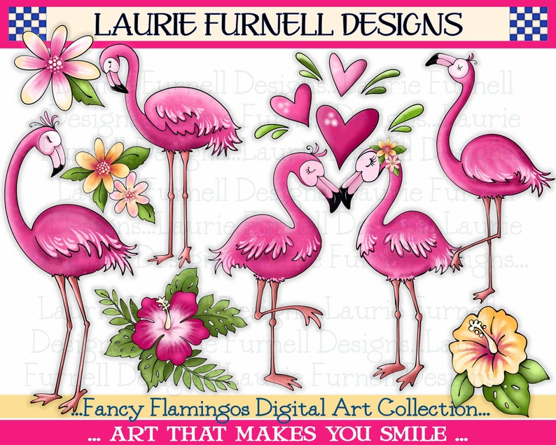 May include: Digital art collection featuring pink flamingos with hearts and flowers. The text "Fancy Flamingos Digital Art Collection... ART THAT MAKES YOU SMILE..." is at the bottom of the image.