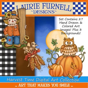 Puede incluir: Una colecci&oacute;n de arte digital con un espantap&aacute;jaros, un b&uacute;ho, calabazas, ma&iacute;z y girasoles. La colecci&oacute;n incluye 27 im&aacute;genes dibujadas y coloreadas a mano, m&aacute;s 3 fondos. El texto "Harvest Time Digital Art Collection... ART THAT MAKES YOU SMILE..." est&aacute; en la parte inferior de la imagen.