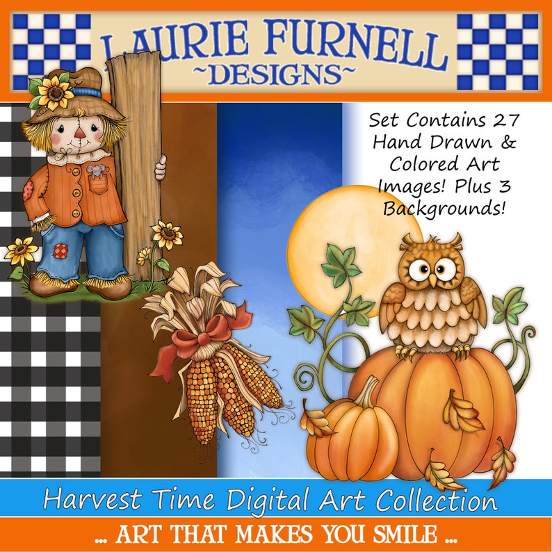 Puede incluir: Una colecci&oacute;n de arte digital con un espantap&aacute;jaros, un b&uacute;ho, calabazas, ma&iacute;z y girasoles. La colecci&oacute;n incluye 27 im&aacute;genes dibujadas y coloreadas a mano, m&aacute;s 3 fondos. El texto "Harvest Time Digital Art Collection... ART THAT MAKES YOU SMILE..." est&aacute; en la parte inferior de la imagen.