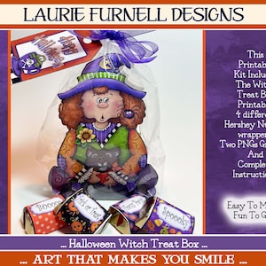 May include: Printable Halloween witch treat box craft kit with instructions. Includes a witch figure, four Hershey's Nugget wrappers, and two PNG graphics.  Easy to make, fun to give!