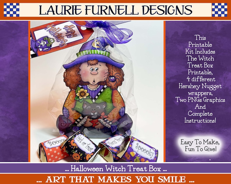 May include: Printable Halloween witch treat box craft kit with instructions. Includes a witch figure, four Hershey's Nugget wrappers, and two PNG graphics.  Easy to make, fun to give!