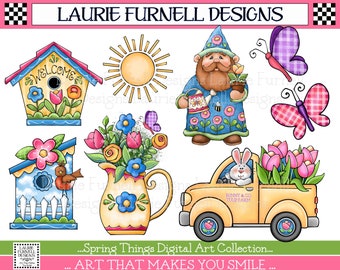 Spring Clip Art, Bulletin Board Decor, Spring Flower PNGs, Spring Bunny Clip Art, Greeting Card Supply, Laurie Furnell, Spring Gnome Art