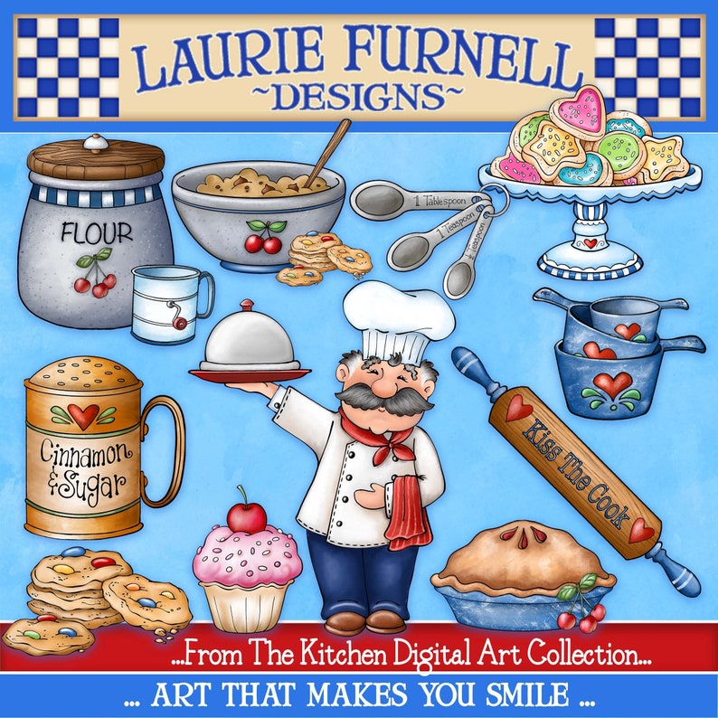 May include: A digital illustration of a chef holding a serving dish with a cloche, a rolling pin with the text "Kiss The Cook", a cupcake with a cherry on top, a pie, a bowl of cherries, a jar of flour, a jar of cinnamon and sugar, measuring spoons, and a set of nesting bowls. The illustration is in a cartoon style and features bright colors.