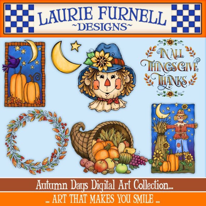 May include: A digital art collection featuring autumn-themed illustrations. The collection includes a scarecrow, a cornucopia overflowing with fruit and vegetables, a wreath, a crescent moon, and a sign that reads "In All Things Give Thanks".