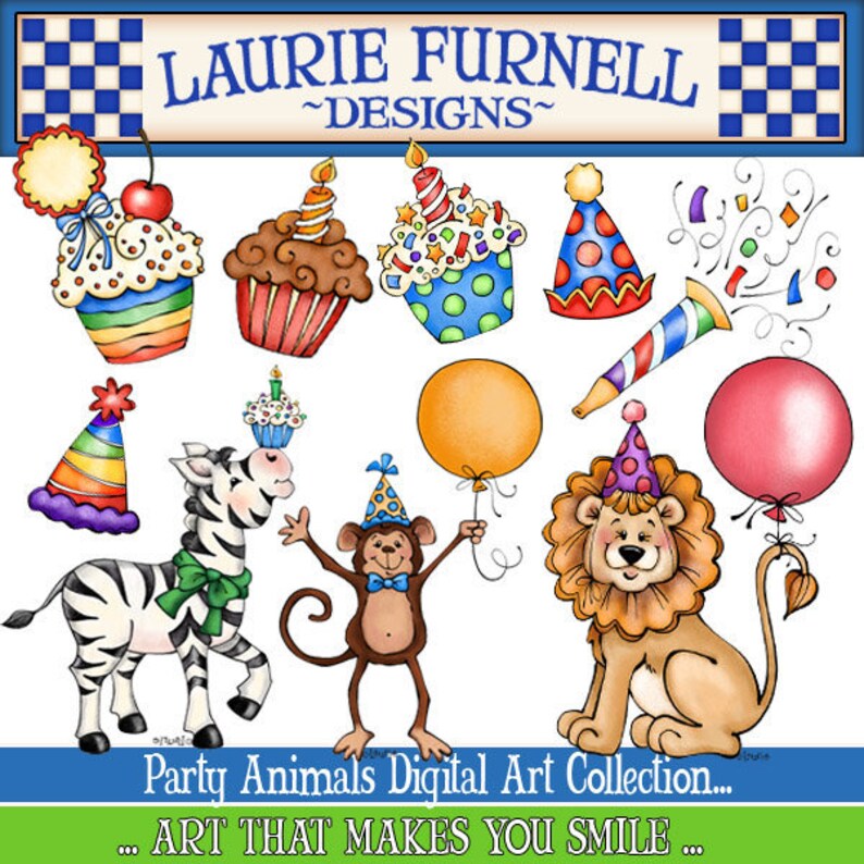 May include: A digital clipart collection featuring party animals wearing party hats. The collection includes a zebra, a monkey, a lion, cupcakes, balloons, and a party horn. The text "Party Animals Digital Art Collection... ART THAT MAKES YOU SMILE..." is at the bottom of the image.
