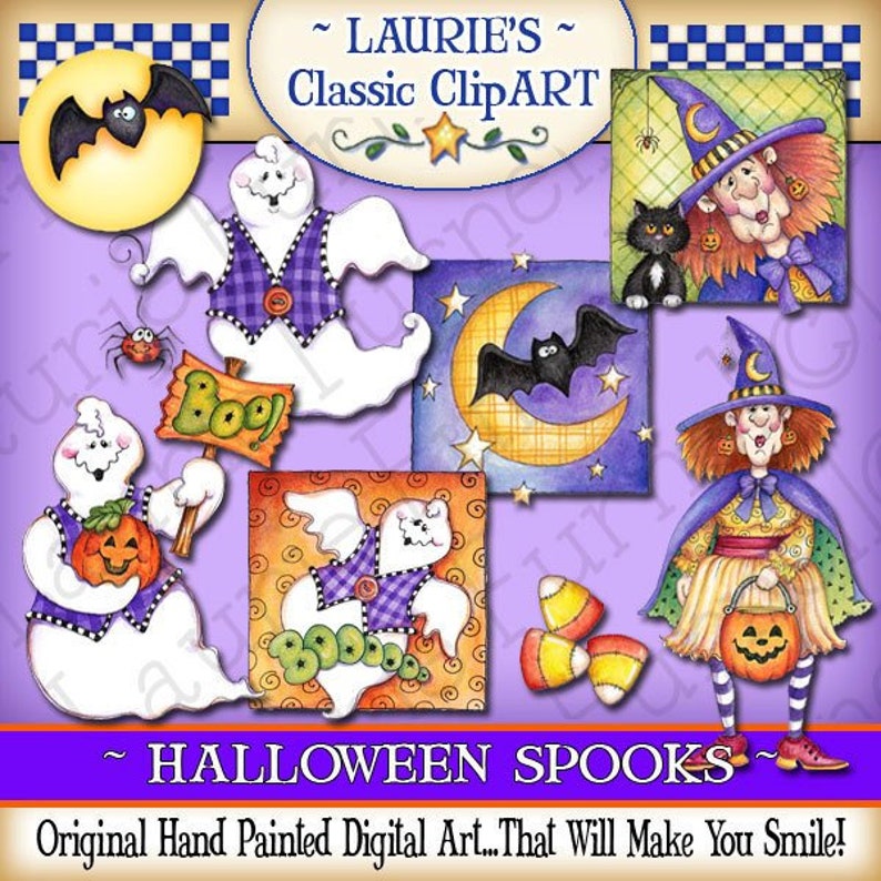 K&ouml;nnte beinhalten: Ein Set digitaler Clipart-Bilder mit Halloween-Motiven. Die Bilder zeigen Geister, Flederm&auml;use, eine Hexe, einen Halbmond, Maisbonbons und einen K&uuml;rbis. Die Bilder sind handgemalt in einem verspielten Stil mit leuchtenden Farben und verspielten Details.