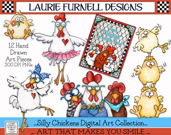 Chicken Clip Art, Whimsical Chickens For Card, Fun Chicken PNG, Dancing Chicken Clip Art, Chicken with Glasses Digital Art, Chicken Wire PNG