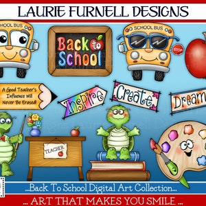 May include: A digital art collection for back to school featuring a school bus, a red apple, a turtle teacher, a pencil, a desk, a stack of books, a paint palette, and banners with the words "Inspire", "Create", and "Dream".