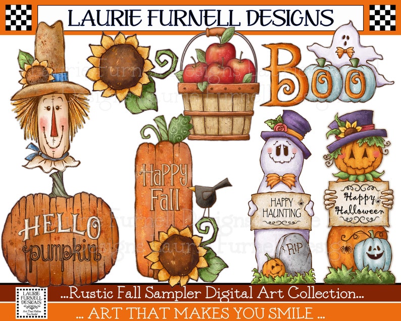 Pu&ograve; includere: Una collezione di arte digitale a tema autunnale e di Halloween. Le illustrazioni includono uno spaventapasseri, zucche, girasoli, un fantasma, un pupazzo di neve e un cartello che dice "Happy Haunting".