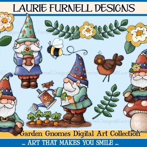 May include: A digital art collection of garden gnomes featuring a whimsical and colourful design. The gnomes are depicted in various activities, such as gardening, holding flowers, and sitting on mushrooms. The collection includes a bee, a bird, and flowers.