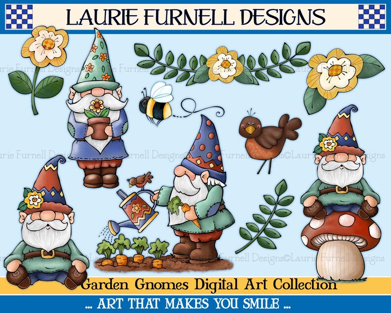 May include: A digital art collection of garden gnomes featuring a whimsical and colourful design. The gnomes are depicted in various activities, such as gardening, holding flowers, and sitting on mushrooms. The collection includes a bee, a bird, and flowers.