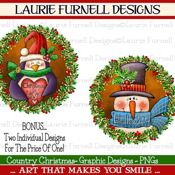 Christmas PNG, Christmas Penguin PNG, Christmas Snowman PNG, Christmas Clip Art, Art For Sublimation, PNGs For Transfers, Wreath Signs