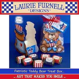 May include: Patriotic teddy bear treat box with a red, white, and blue theme. The box is decorated with stars and stripes and has a small American flag on the front. The box is filled with small wrapped candies with patriotic themes.
