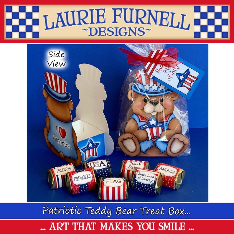 May include: Patriotic teddy bear treat box with a red, white, and blue theme. The box is decorated with stars and stripes and has a small American flag on the front. The box is filled with small wrapped candies with patriotic themes.
