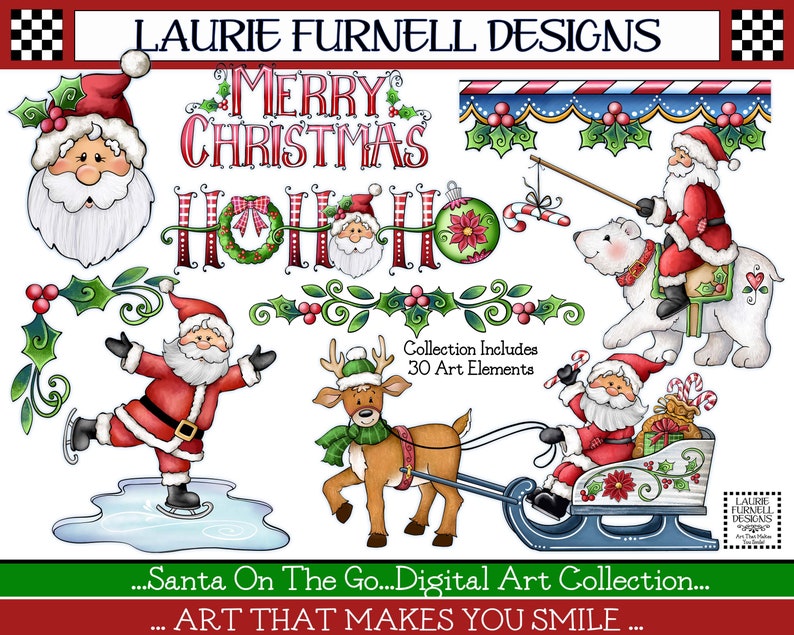 May include: A digital art collection of 30 Christmas-themed illustrations featuring Santa Claus, reindeer, a polar bear, and other festive elements. The illustrations are in a cartoon style with bright colors and whimsical details. The text "Merry Christmas" and "Ho Ho Ho" is included in the image.