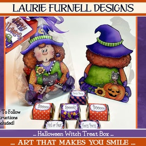 May include: A Halloween witch treat box craft project with easy to follow instructions. The witch is holding a black cat and a pumpkin. The box is decorated with orange, green, purple, and black colors. The box is designed to hold small treats.