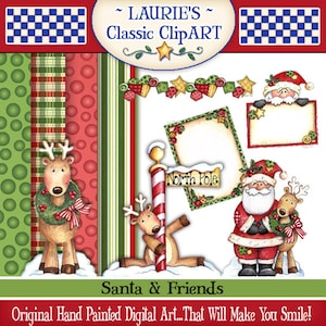 May include: A digital clipart set featuring Santa Claus, reindeer, and a North Pole sign. The set includes a variety of festive elements, such as plaid and polka dot patterns, wreaths, and stars. The clipart is hand-painted and perfect for creating holiday crafts and projects.