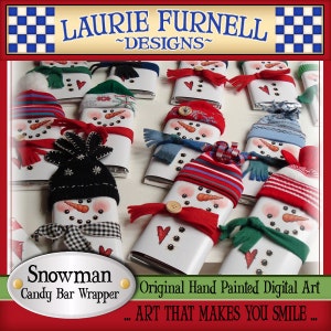 Emballage bonhomme de neige pour barre chocolatée, Laurie Furnell, imprimés, emballages de bonbons des fêtes, emballages de Noël, imprimés de Noël, travaux manuels en papier, bonbons